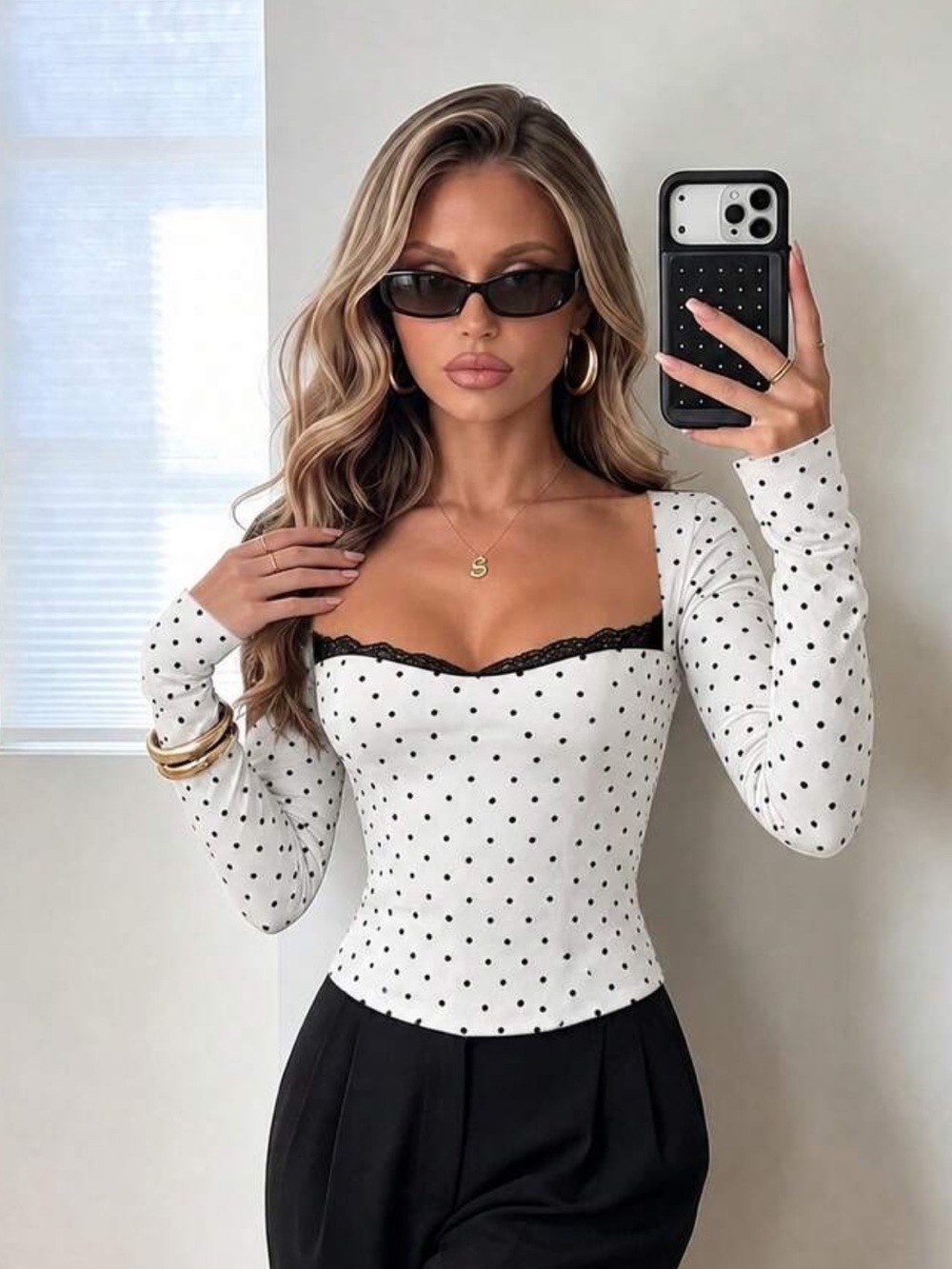 SUNSTORY Women's Autumn White Polka Dot Square Neck Lace Patchwork Long Sleeve F